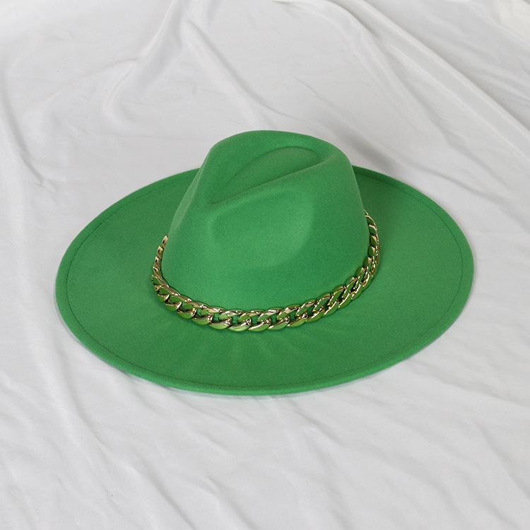 Sombrero de jazz con cadena dorada, sombrero francés vintage de ala ancha en forma de corazón para mujer, sombrero de fieltro oversize.