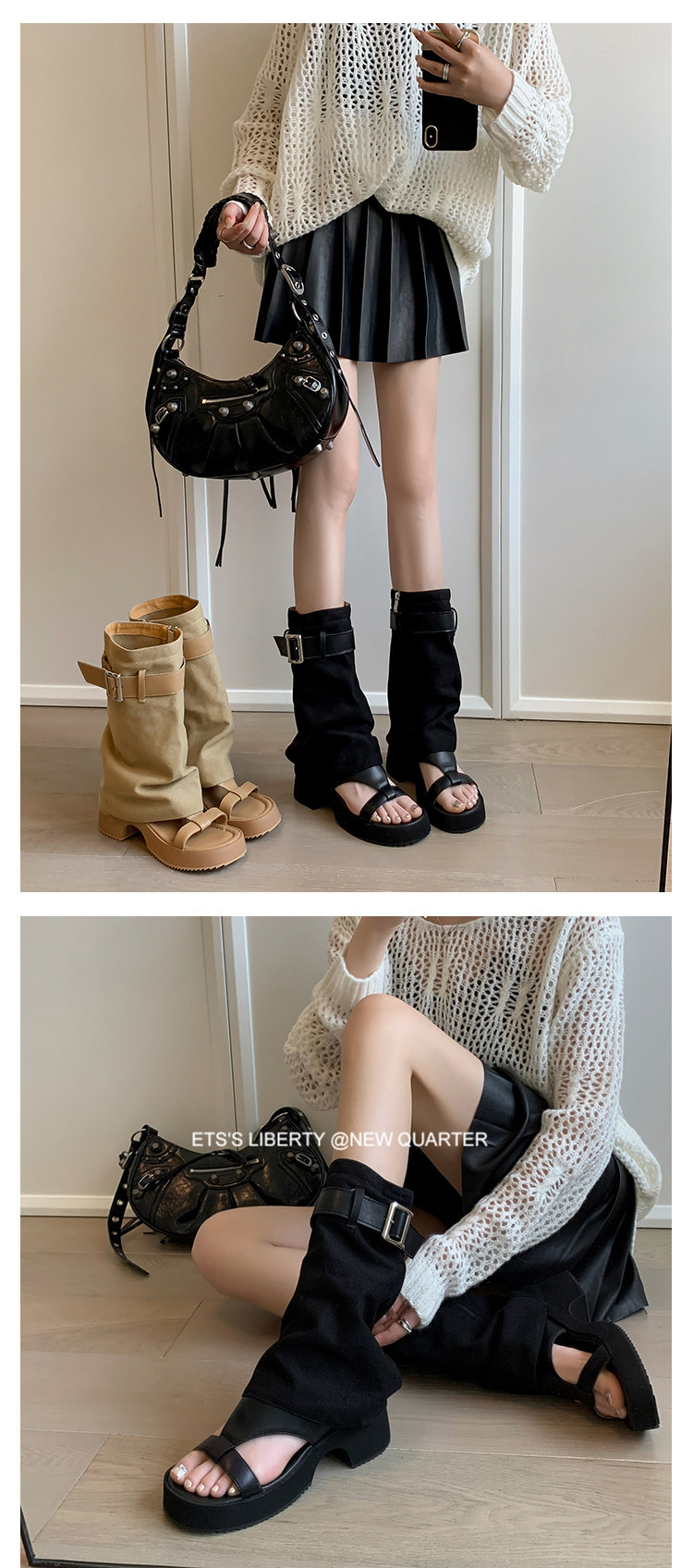 Sandal cao gót hở mũi nữ đế dày gót vuông, quai thắt lưng da bò — Màu đen chi tiết 13