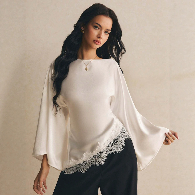 2026 New Cross-Border Women's Shirt with Lace Splicing, Irregular Hem, Solid Color Satin Long Sleeve Top with Bat Sleeves 2026 New Cross-Border Women's Shirt with Lace Splicing, Irregular Hem, Solid Color Satin Long Sleeve Top with Bat Sleeves