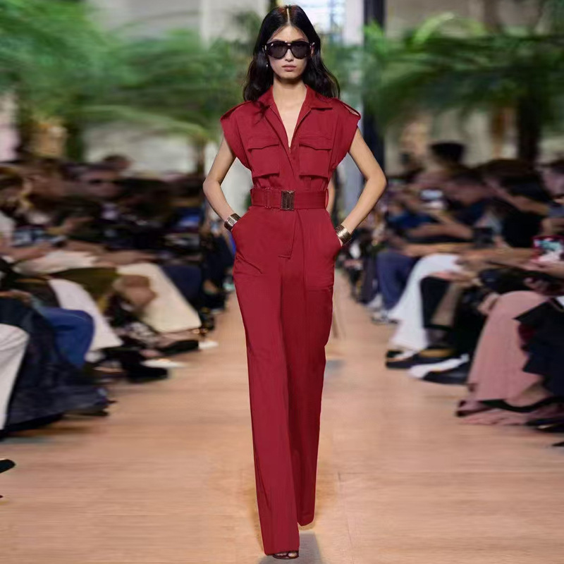 Ol Commuting Style 2025 Summer Women's Fashion Turn-Down Collar Raglan Sleeve Double Pocket Waist-Cinching Elegant Jumpsuit