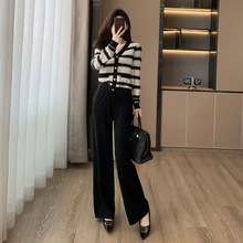 7495韩版小香风秋季新款针织套装女复古条纹百搭上衣阔腿裤两件套