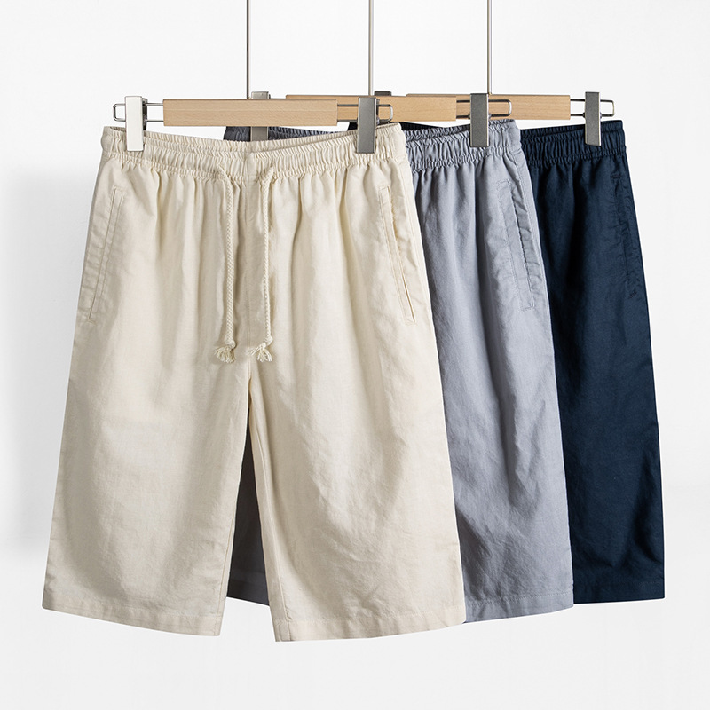 Summer Thin Linen Five-Point Pants for Young Men, Casual Mid-Length Pants, Trendy Breathable Five-Point Pants for Men, Solid Color One-Piece