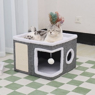 Cross-border Cat Nest Semi-closed Pet Supplies Winter Warm Thick Storage Folding Sisal Pad Double-layer Cat House