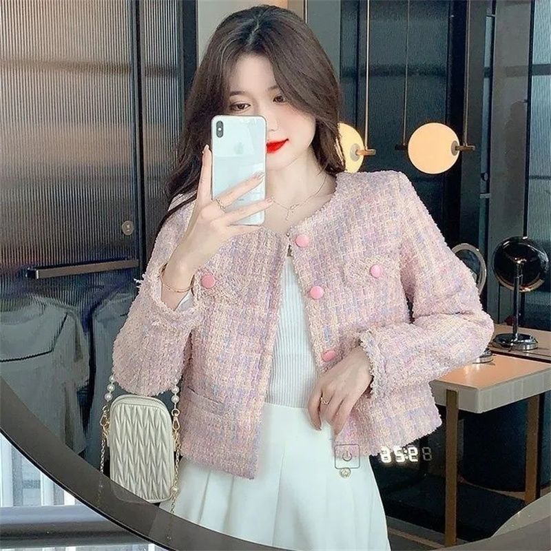 Tweed Style Short Korean Style Women's Tops Autum New Long-Sleeved Ladies High-End French Slim Tweed Jacket