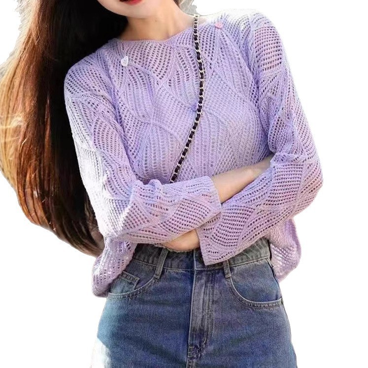 春夏新作パープル菱形ニットセーター女性用ゆったりとしたファッショナブルなボタン付き長袖プルオーバーラウンドネック春用透かし模様ブラウス|undefined
