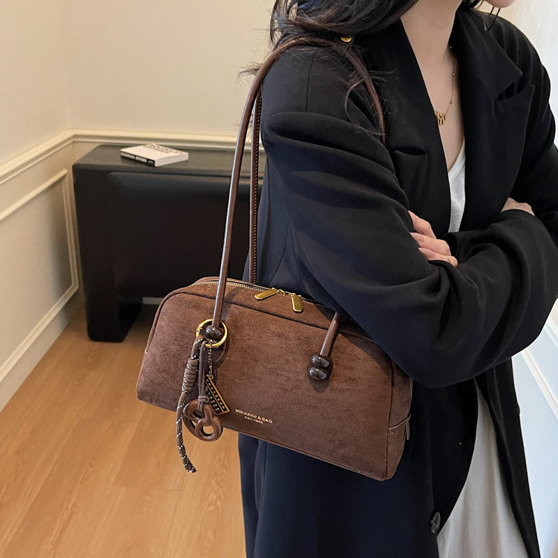 跨境新款波士顿包女轻奢高级感绒面单肩包上班通勤大容量斜挎包包|undefined