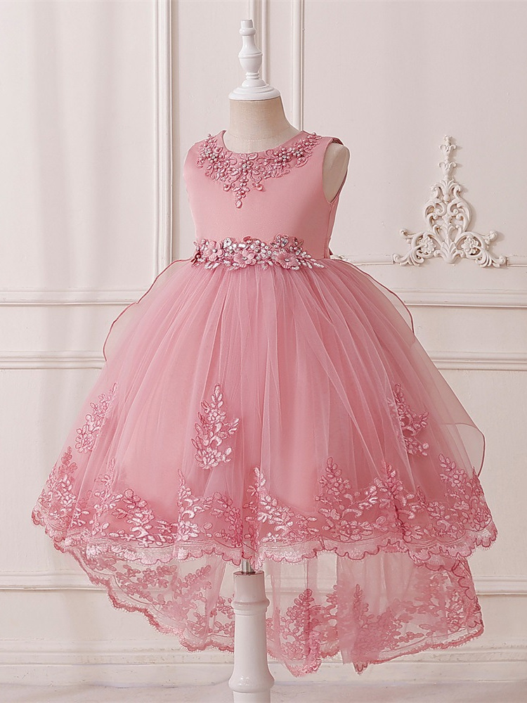 Vestido infantil transfronterizo sin mangas trailera bordado con pastillas de perlas satin vestido de princesa para anfitriones de banquete vestido de noche de chicas