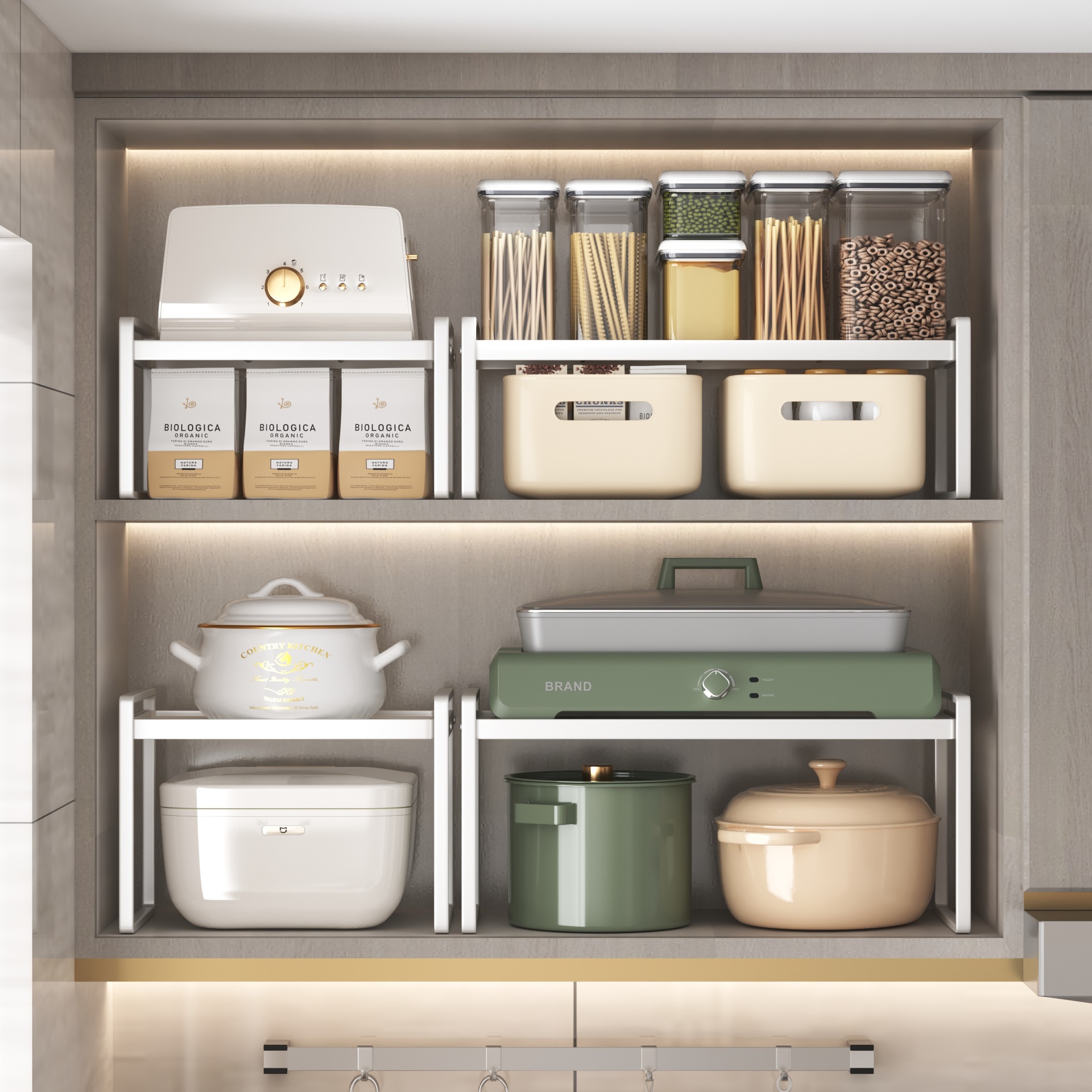 Layered storage racks in kitchen cabinets, countertop cabinet storage partitions, retractable under sink storage pot racks