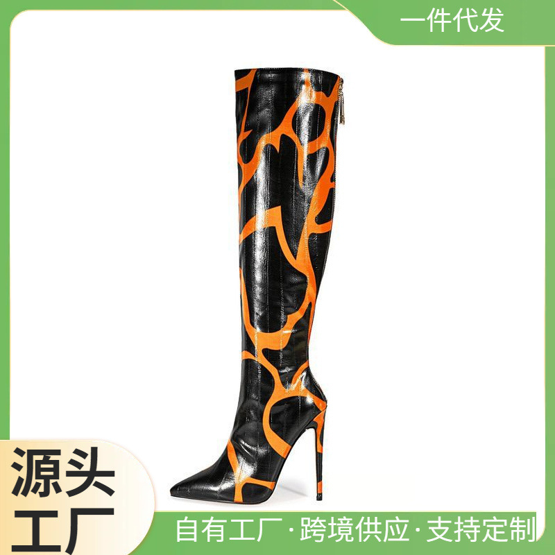 Pointed slim high-heeled boots black orange foreign trade long shin pattern rear zipper new European and American adult fashion boots ordering women