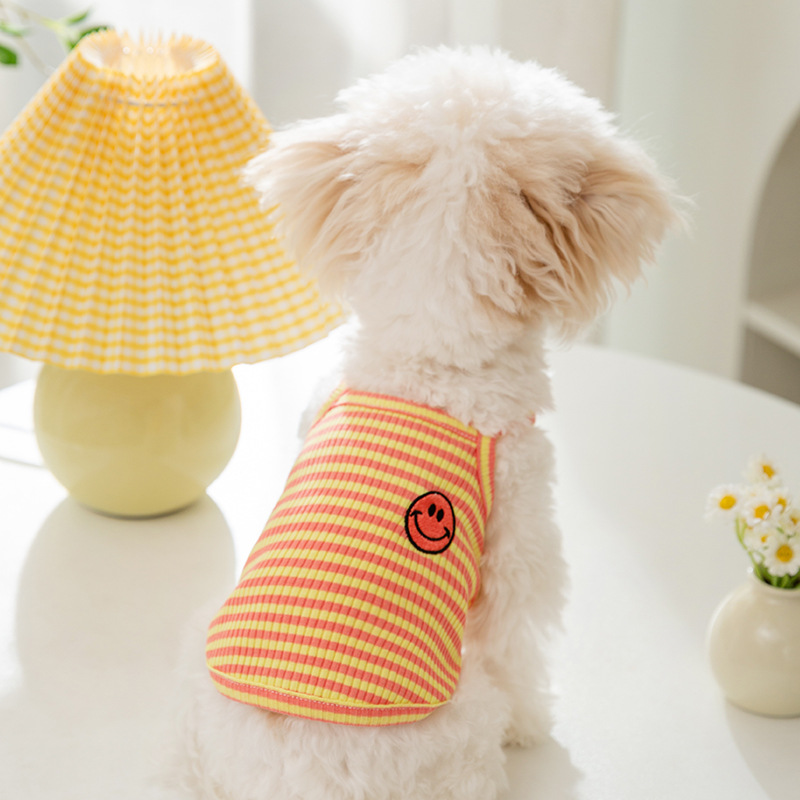 Versión coreana del lindo viento primavera verano perro cara sonriente a rayas coloridas cabestrillo mascota dos pies transpirable delgado gato ropa