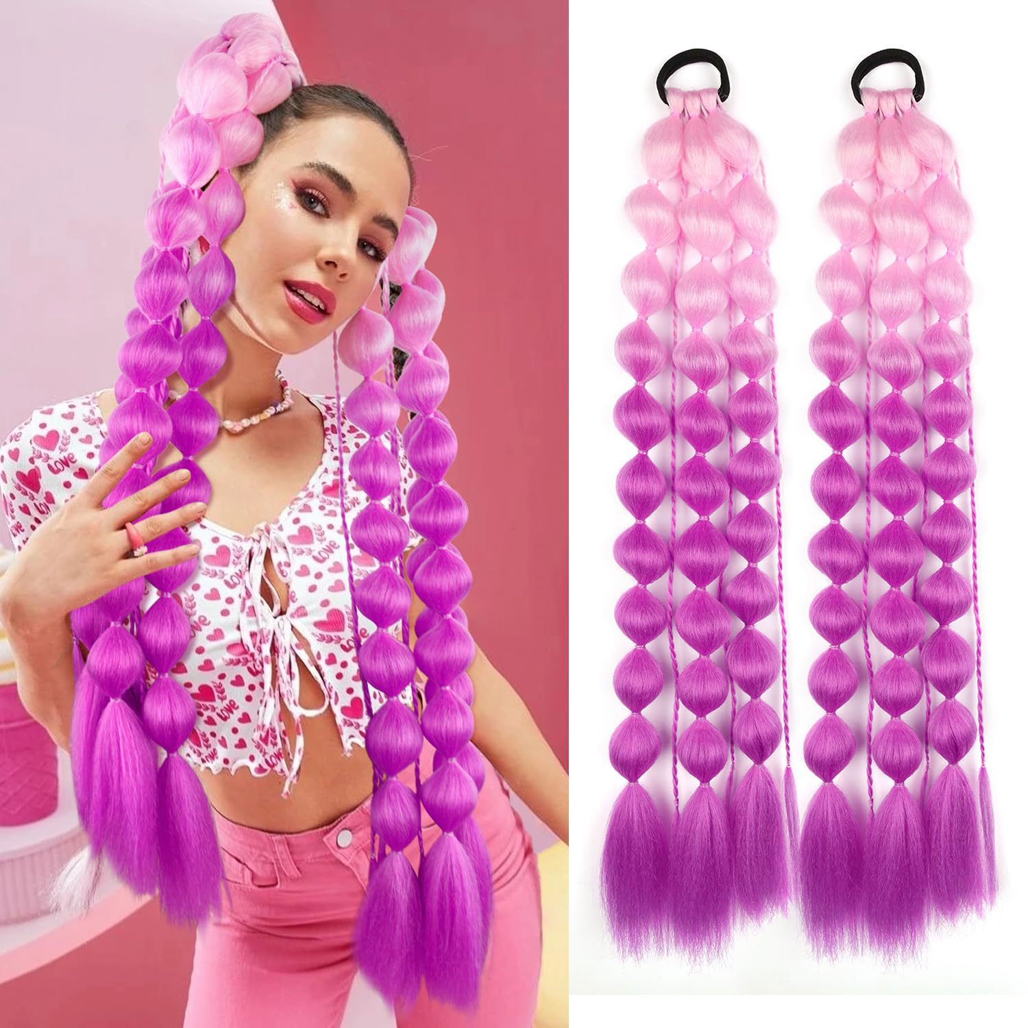 Color gradiente de moda linterna espuma flor de cola de caballo estilo largo tejido a mano de tres hebras peluca de cola de caballo