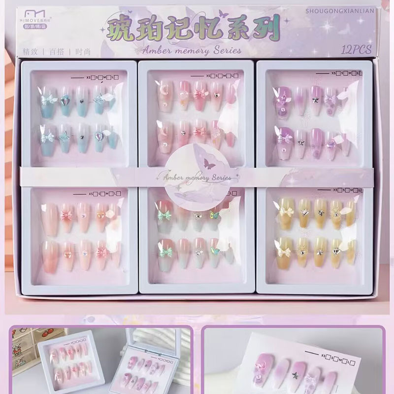 Nuevo desgaste de la serie de mariposa de uñas etiquetas de uñas niñas caja de almacenamiento transparente etiquetas de uñas falsas niñas etiquetas de uñas cortas