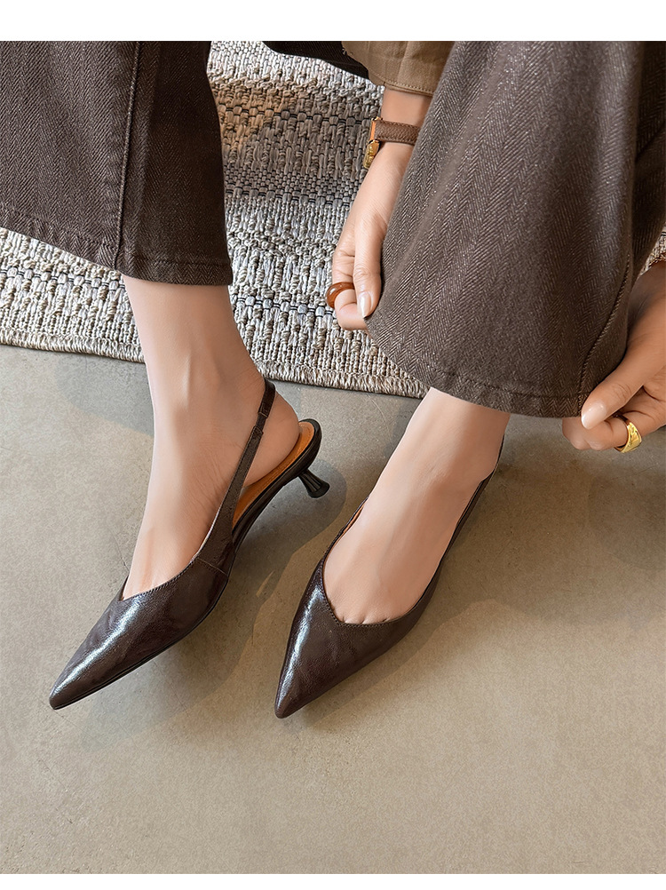 Sandal cao gót nữ mũi nhọn quai hậu dây khóa, gót 9 cm — màu nâu chi tiết 28
