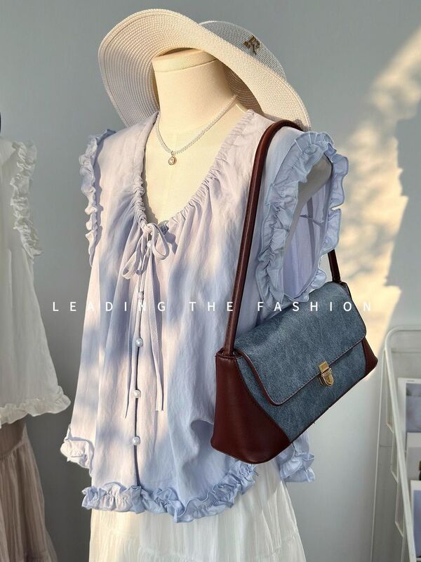 Purple Sleeveless Shirt for Women, Summer Pure and Youthful Japanese Style Outfit, Ruffled Edge Small Flutter Sleeve Tank Top Doll Shirt