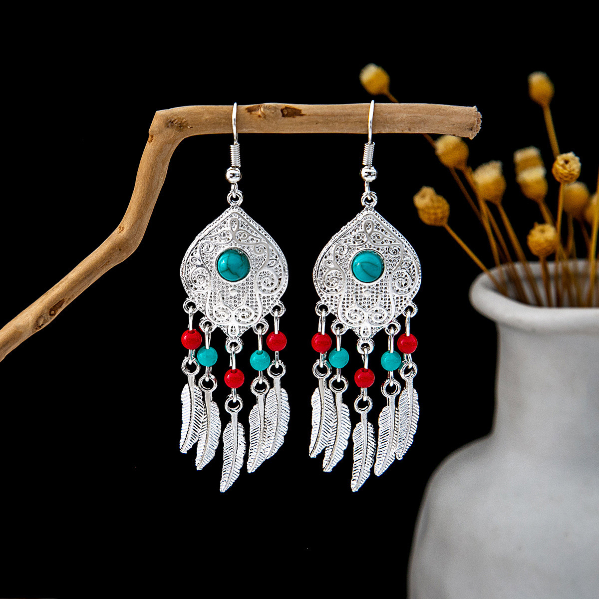 European and American Bohemian ethnic style earrings Miao silver turquoise tassel earrings minority tourist attractions earrings