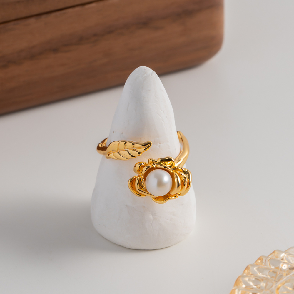 Fashion Flower Copper Plating Inlay Pearl Open Ring 1 Piece