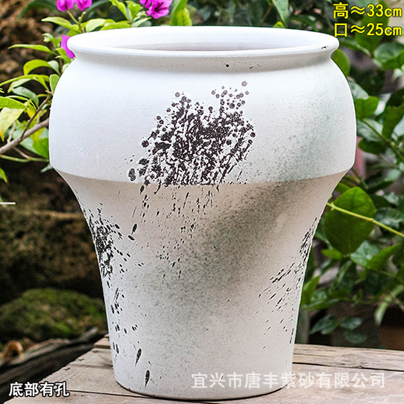 Retro Handmade Stoneware Large Diameter High Tube Black Pat Glaze Breathable Root Nourishing Flower Pot Suitable for Indoor and Outdoor Bougainvillea, Etc
