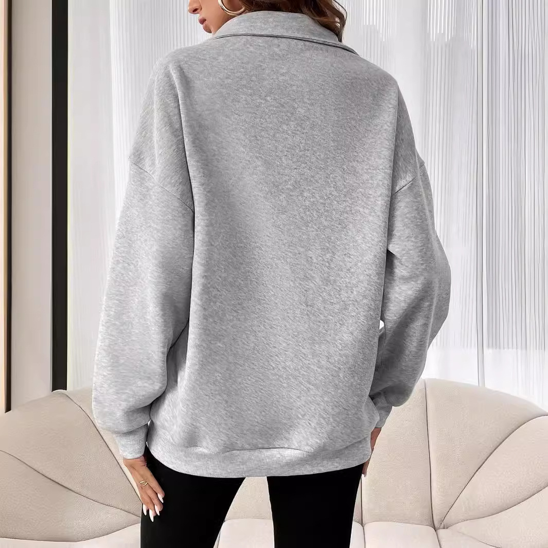 Women's Clothing 2024 autumn and winter new fashion zipper lapel solid color casual T shirt for women_voghion.com