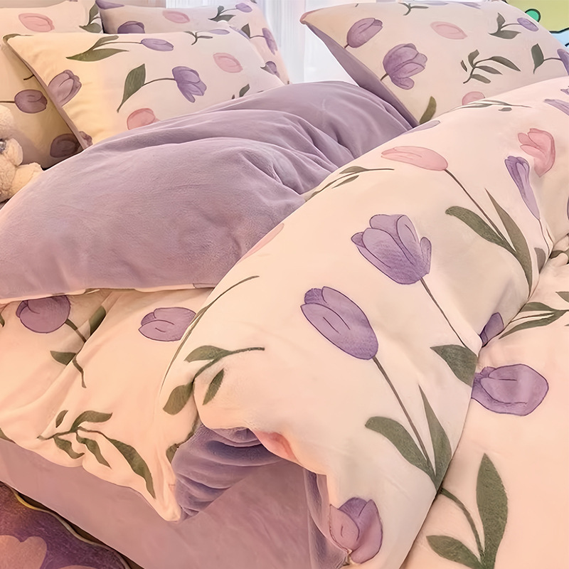 nantong home textile bedding thickened milk fiber four-piece set high sense autumn and winter quilt cover coral fleece three-piece set