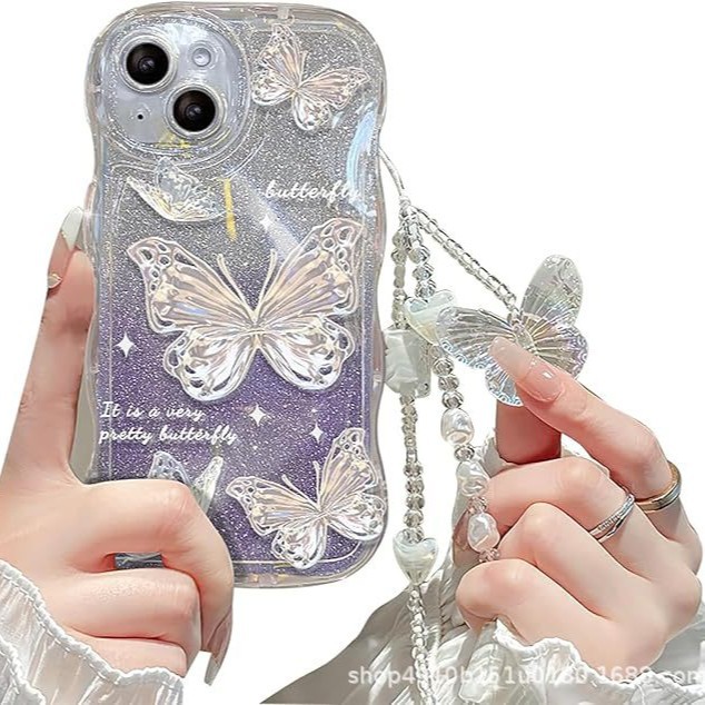 For iPhone Case, Glitter Gradient Butterfly Bracelet Roll Wave Water Ripple Shape Camera Lens