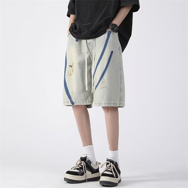 Mud Yellow Denim Shorts Men's 2023 Summer Retro Five-point Pants Loose Casual All-match Pants Staggered Waist Trendy