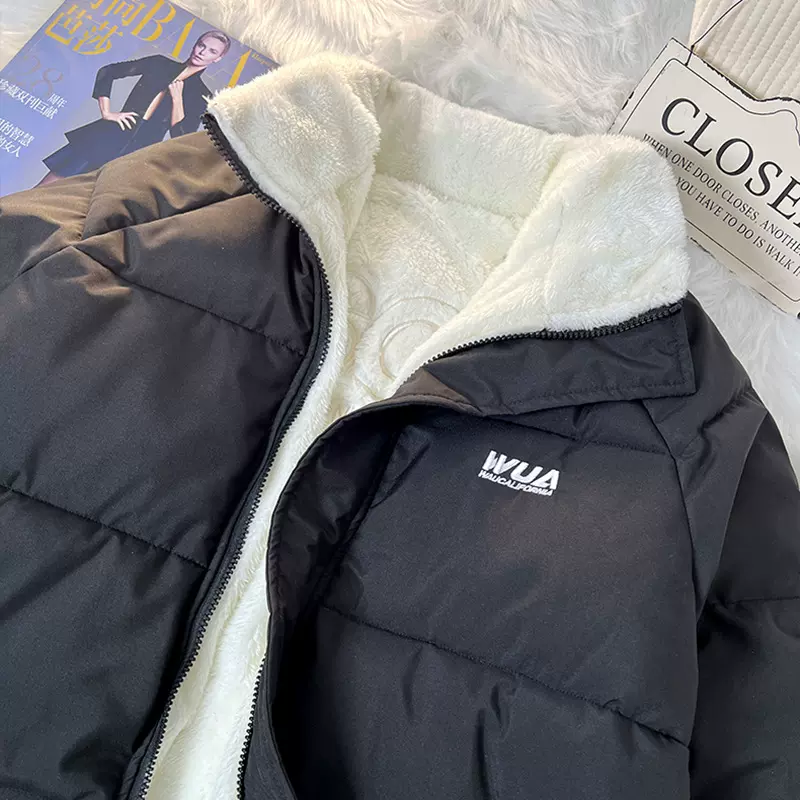 两面穿羊羔毛棉服女式新款冬装加绒韩版宽松面包服双面穿棉衣外套
