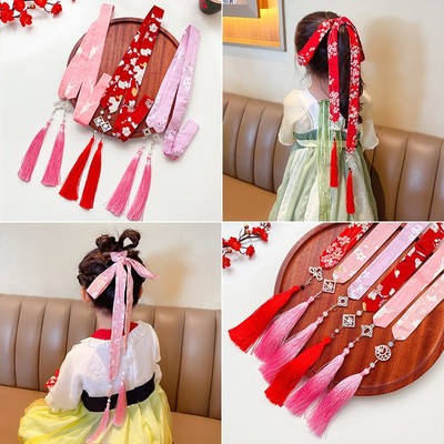 2pcs girls kids chineses Ancient traditional folk costumes princess tassels hair ribbon tied bow knot head rope children ancient Hanfu fairy headdress hair accessories