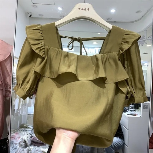 European-style Tencel chiffon blouse for women, V-neck tie-up top, summer new design with ruffled edges—stylish and chic petite shirt.