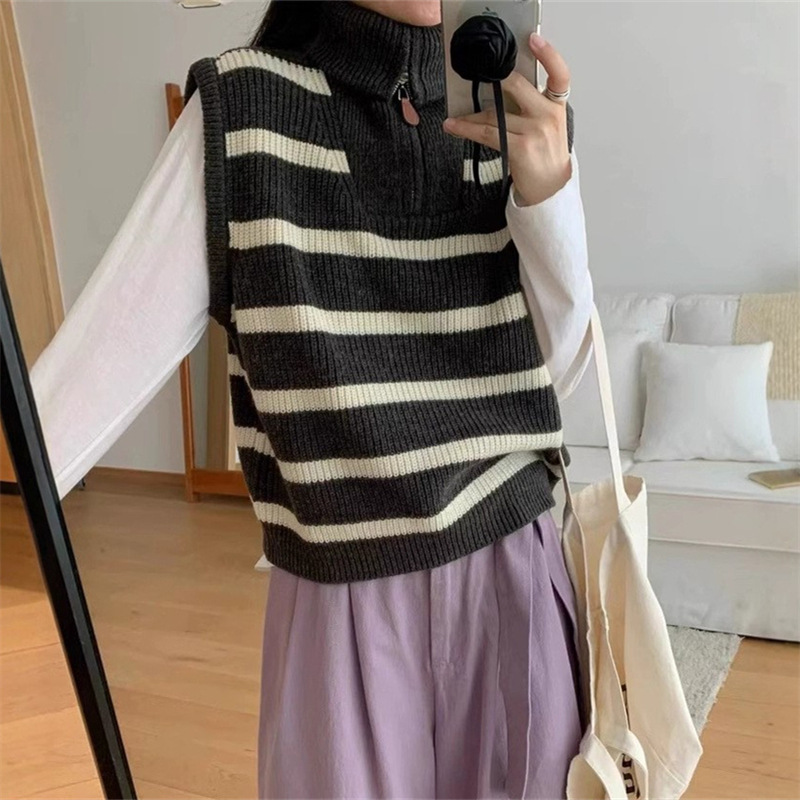 コントラストカラーストライプハーフジッププルオーバーノースリーブセーター女性のための秋の新しいレイヤードチョッキニットベストトップ|undefined