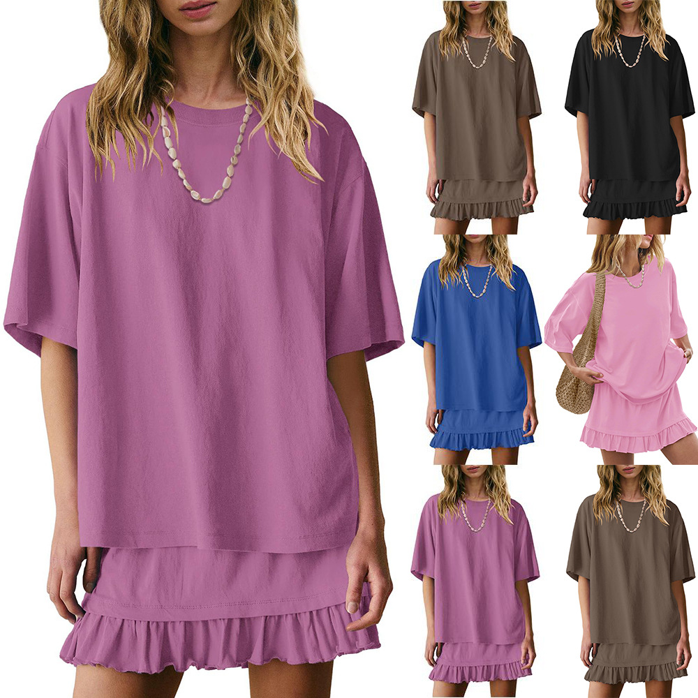 2026 New Summer Amazon European and American Tk Women's Round Neck Short-Sleeved Skirt Fashion Casual Two-Piece Suit