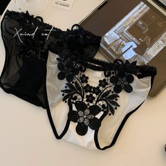 Pure French elegant flower lace embroidered mesh briefs for women with slightly transparent sexy low waist underwear for women