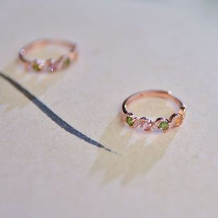 Natural Tourmaline Ring for Women Pink Green Colorfuled Stone Ring 925 Silver Gold-Plated Elegant 925 Sterling Silver High-End