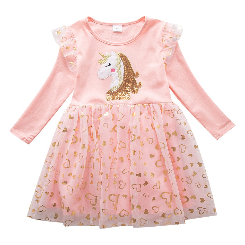 Niñas princesa vestido unicornio lentejuelas manga larga vestido de otoño fiesta de cumpleaños de los niños boda Vestido de tul