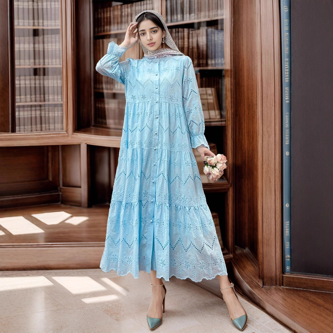 Cross-border Muslim Loose Middle Eastern Dubai Robe Abaya Gown Dress With Lace_ecoleips.com