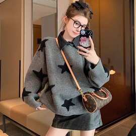 灰色星星假两件毛衣女秋冬美式加厚奶慵懒风领内搭针织衫