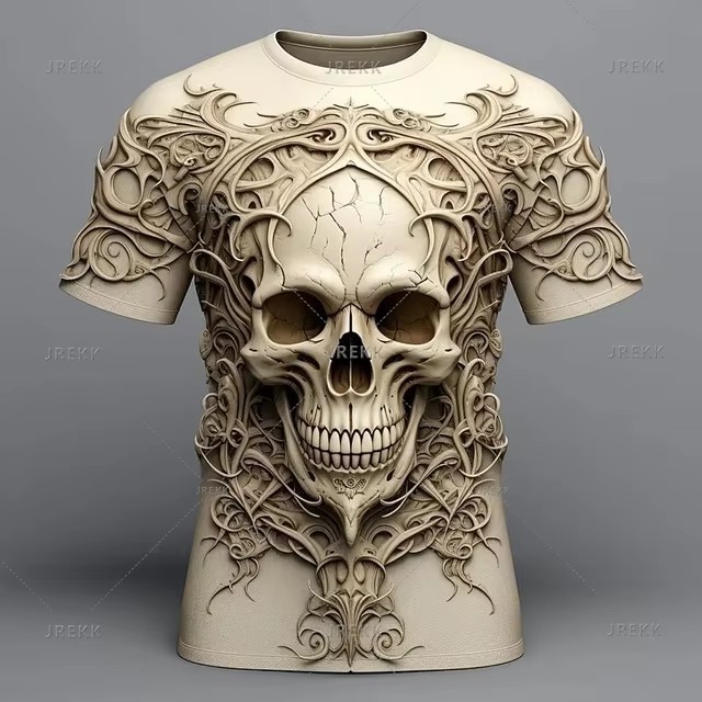 Verano calle todo-fósforo suelto cuello redondo manga corta transpirable camiseta de hombre thriller esqueleto relieve impresión digital 3D