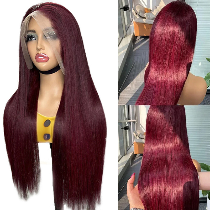 European and American Cross-border Fashion Wig Women's wine red Long Straight Hair Simulation Chemical Fiber Front Lace Headgear Wig 118 Straight