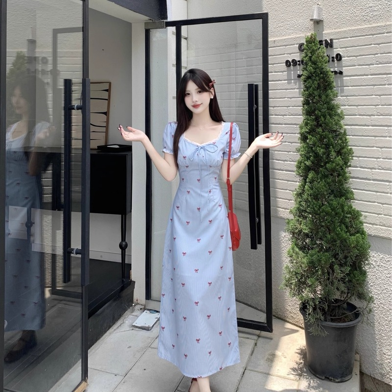 大码法式条纹泡泡袖连衣裙女夏季小清新蝴蝶结裙子胖MM显瘦A字裙|undefined