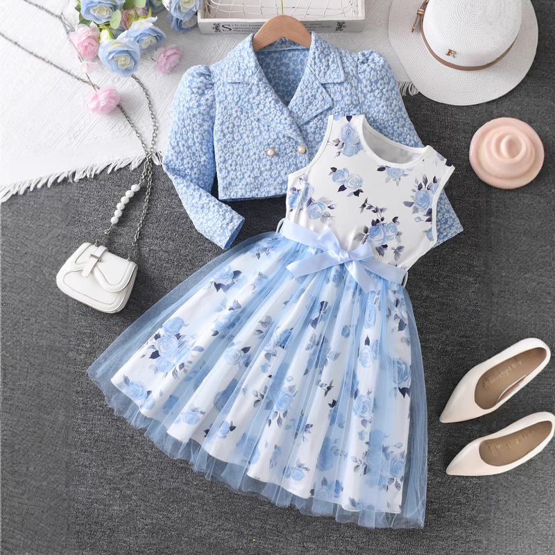 Cross-Border Girls Two-Piece Sky Blue Floral Jacket Rose Print Mesh Dress Princess Style Cross-Border Girls Two-Piece Sky Blue Floral Jacket Rose Print Mesh Dress Princess Style