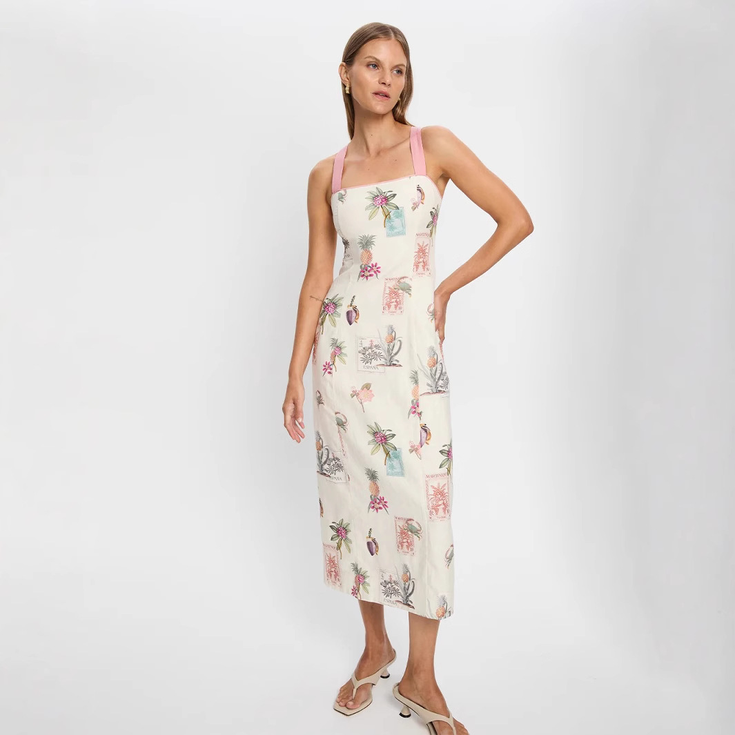 280g Weight Midi Dress Dress Length Type Sleeveless Sleeve Length Strap Dress, Backless Lace up Dress Dresses Type Sleeveless Sleeve Type Linen, Polyester, Hemp Fabric Type Mid Waist Waist Line Wholesale Women's Elegant Streetwear Printing Beach Off Shoulder Strap Sleeveless Strap Dress Backless Lace Up Dress