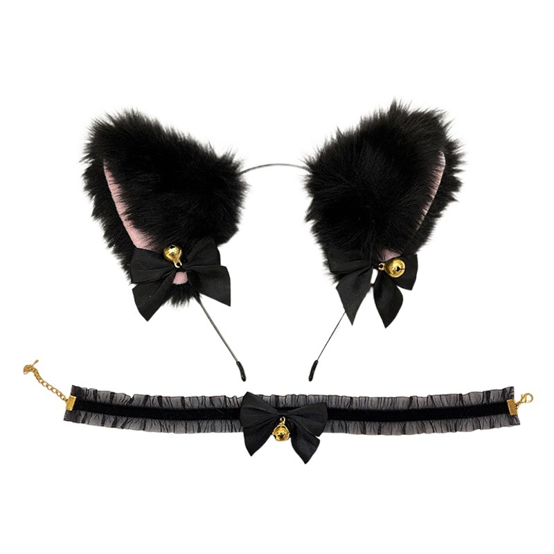 (Diadema + collar) orejas de gato horquilla arco campana hembra M gato conejo horquilla cabeza de Navidad Accesorios