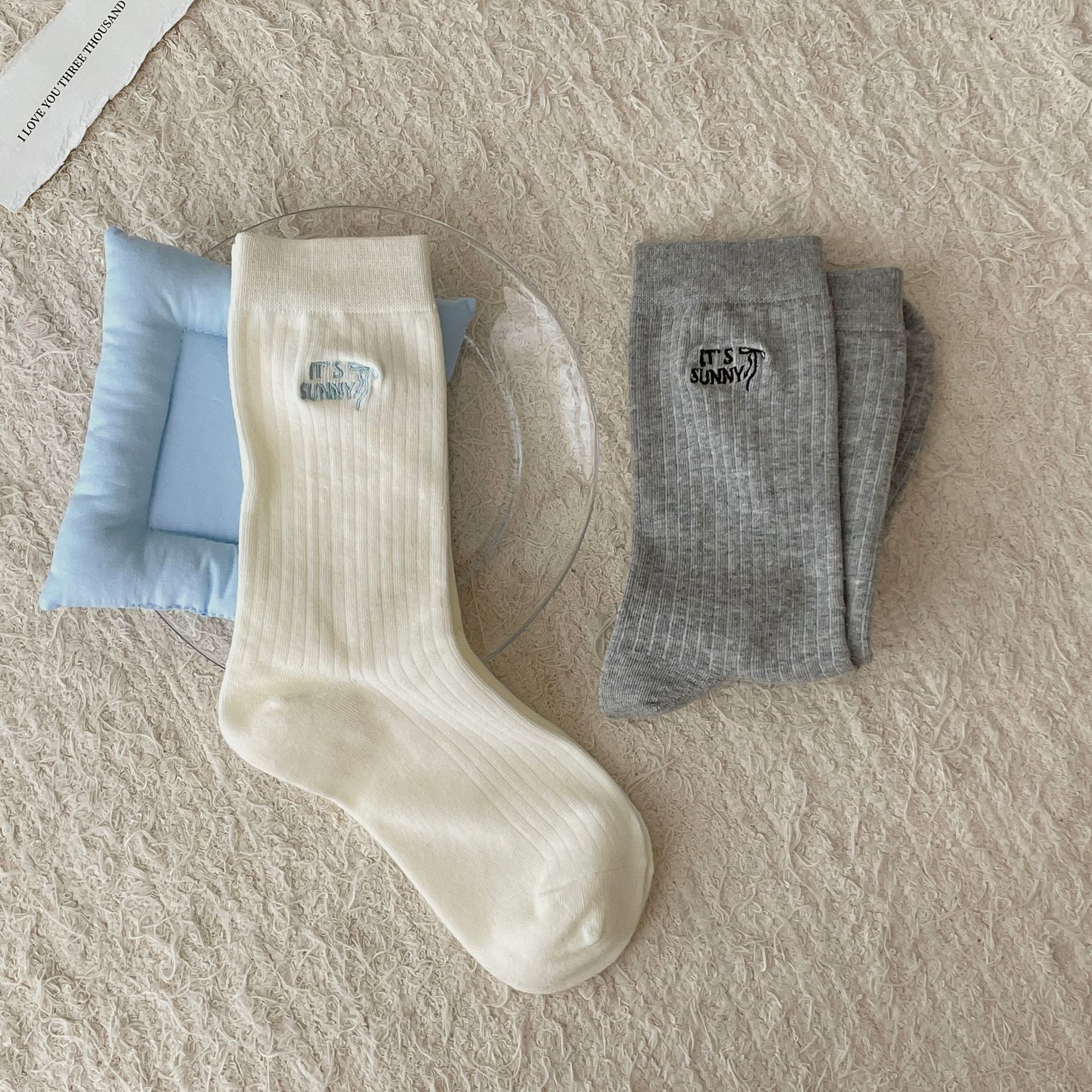 簡簡單單入秋了~刺繡字母蝴蝶結襪子女百搭堆堆襪休閒ins中筒襪