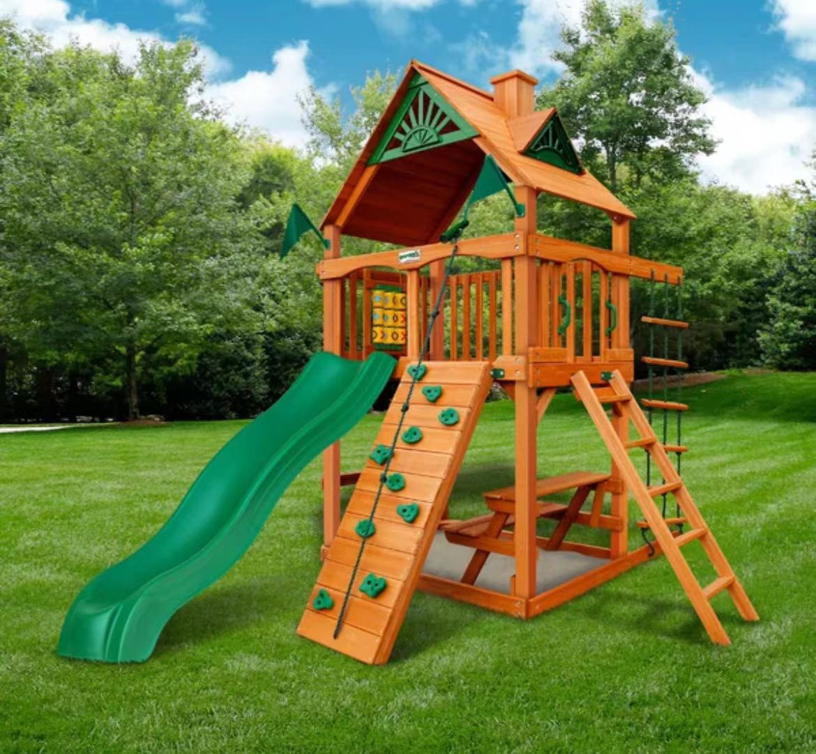 Gran patio, jardín de infantes americano, villa multifuncional, Huanghuali, tobogán combinado de madera para niños, columpio, envío gratis