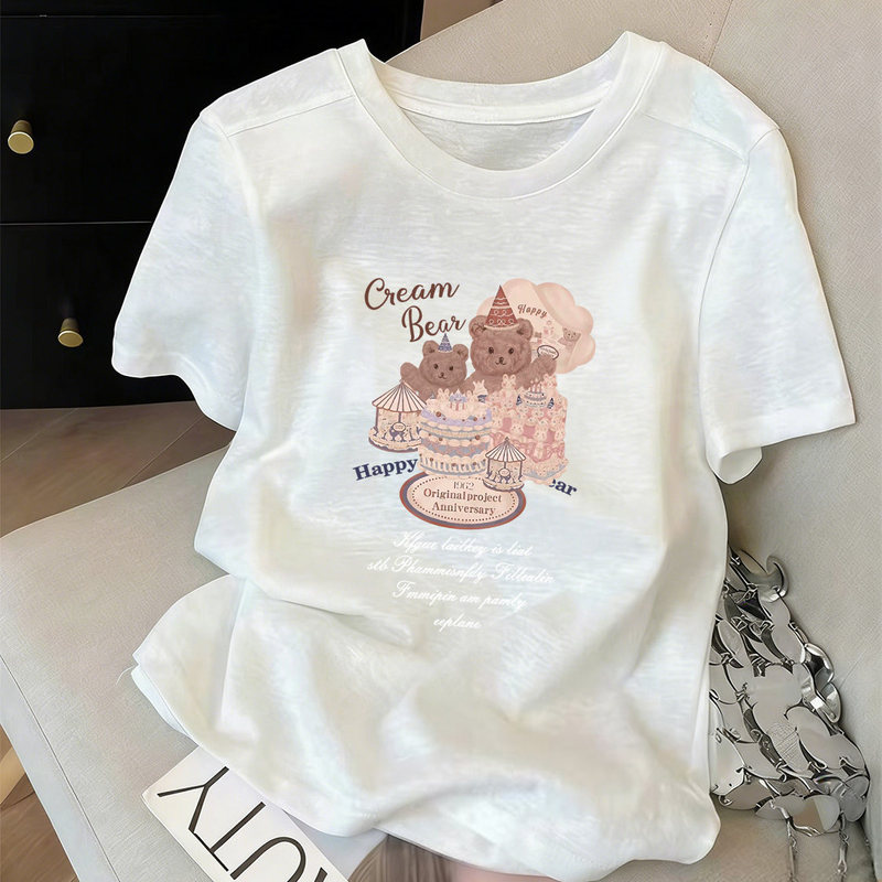 Unique and Exquisite Round Neck Snowflake Cotton Short-Sleeved T-Shirt for Women Ins Fashion Summer Cartoon Anime Print Top