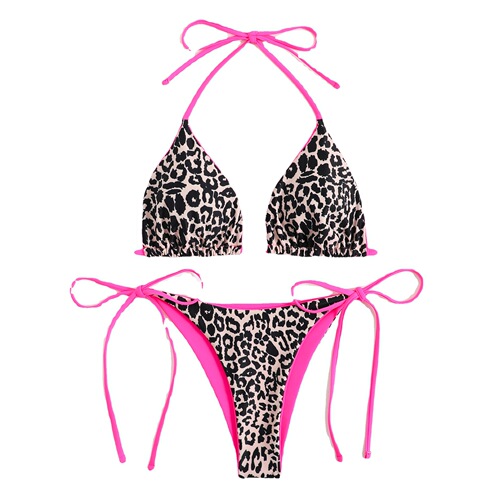 European and American foreign trade nylon double-sided printing women's sexy lace-up triangle split bikini swimsuit AliExpress swimwear