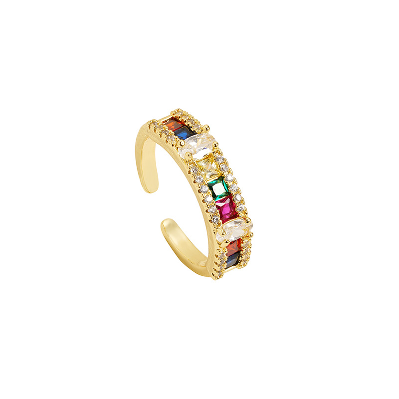 Anillo simple de oro de arena galvanizado 18K estilo europeo y americano micro incrustado arco iris zircón abierto anillo joyería de nicho femenino
