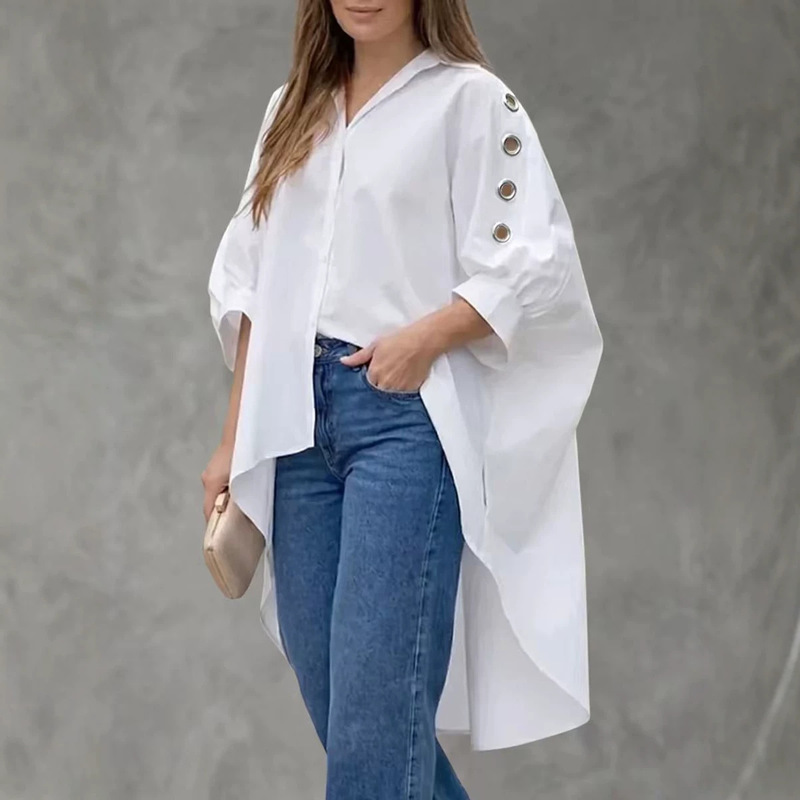 2026 European and American Style Women's Loose Casual Solid Color Long-Sleeve Shirt Fashionable Women's Shirt Casual Versatile Top with Hollow Design