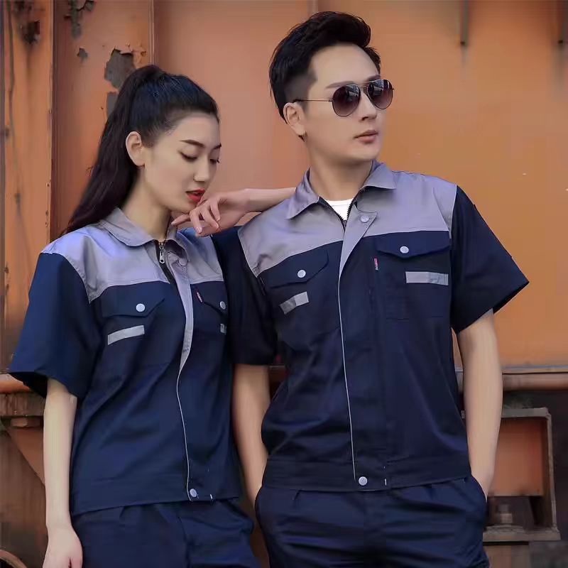 Summer Short-Sleeved Work Clothes Set, Moisture-Wicking, Breathable, Factory Maintenance Labor Protection Clothing, Engineering Workwear with Reflective Strips