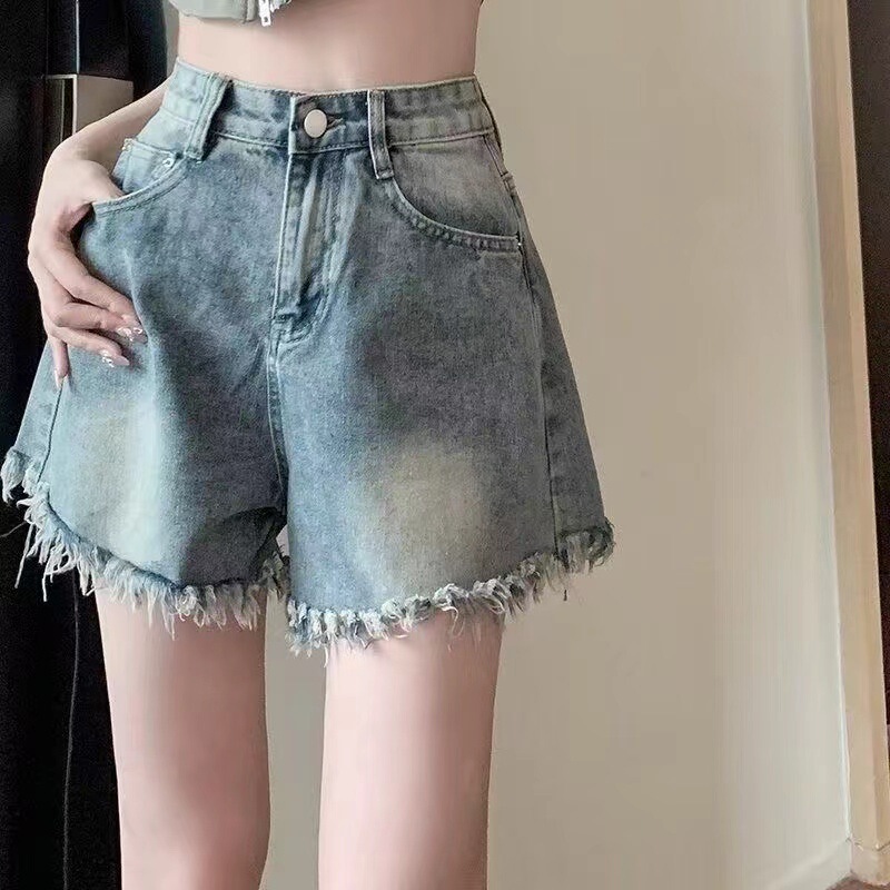 Retro American Denim Shorts Women's Old-fashioned Design All-match Shorts Short-length Fur-rimmed Wide-leg A- shaped Hot Pants