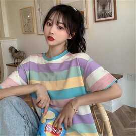 2023春夏新款韩版彩虹T恤女休闲宽松短袖T恤女上衣衣服一件代发